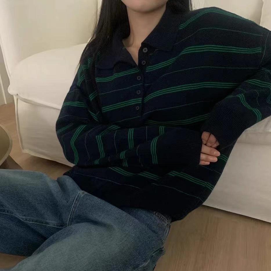 Vintage 90s Polo Collar Striped Sweatshirt - fairypeony