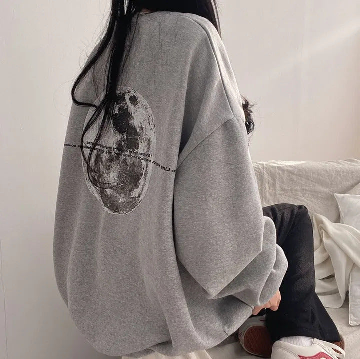 Vintage Back Moon Print Pullover Sweatshirt - fairypeony