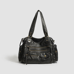 Vintage Hooded Fur Collar Jacket + Multi-Zipper Motorcycle Bag