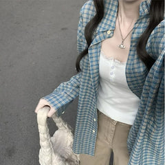 Vintage Checkered Oversized Long Sleeve Blouse