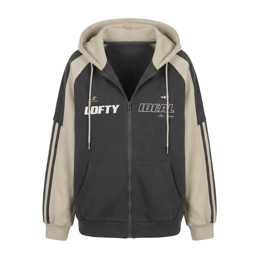 Black and beige hoodie with 'Lofty' and 'Ideal' branding on a white background