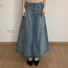 Vintage Denim Umbrella Maxi Skirt