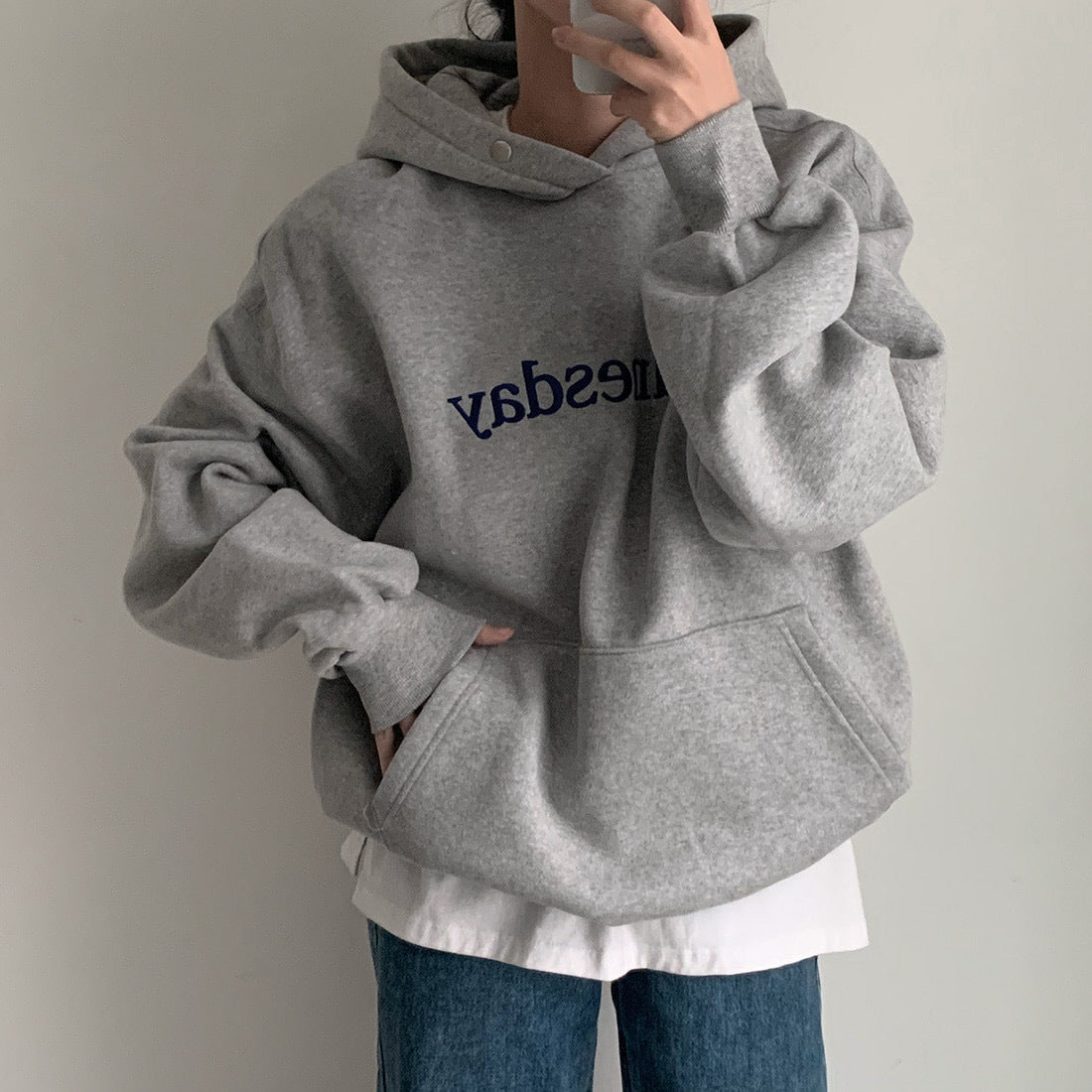 Vintage Embroidery Letter Solid Color Hoodie - fairypeony
