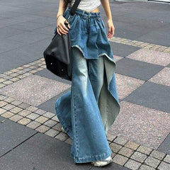Vintage Fake-two-piece Slim Flare Jeans