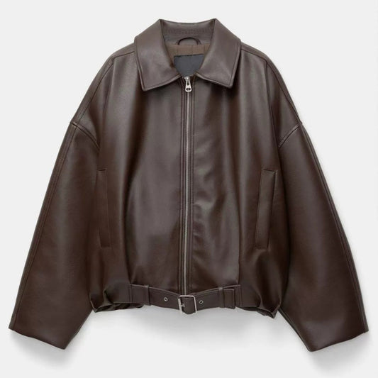 Brown leather jacket on a light gray background