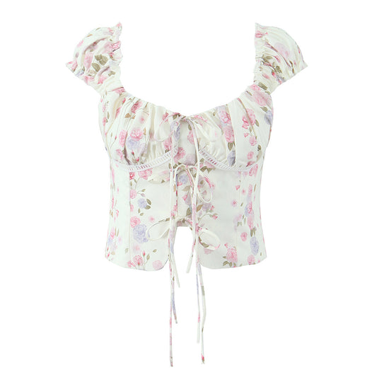 Vintage Floral Lace-Up Blouse - fairypeony