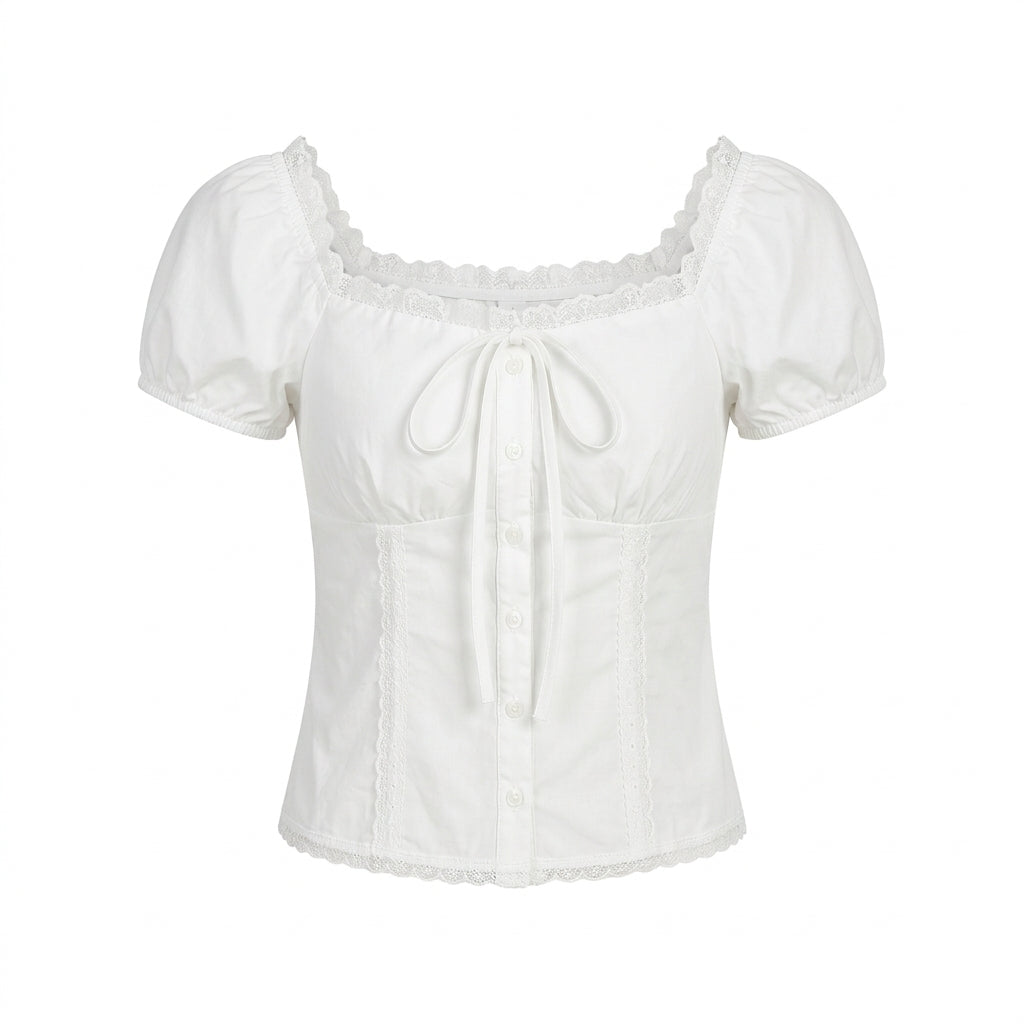 Lace Puff Sleeve Blouse + High Waist Baggy Pants + Mary Jane Medium Heel Shoes + Large Capacity Backpack - fairypeony