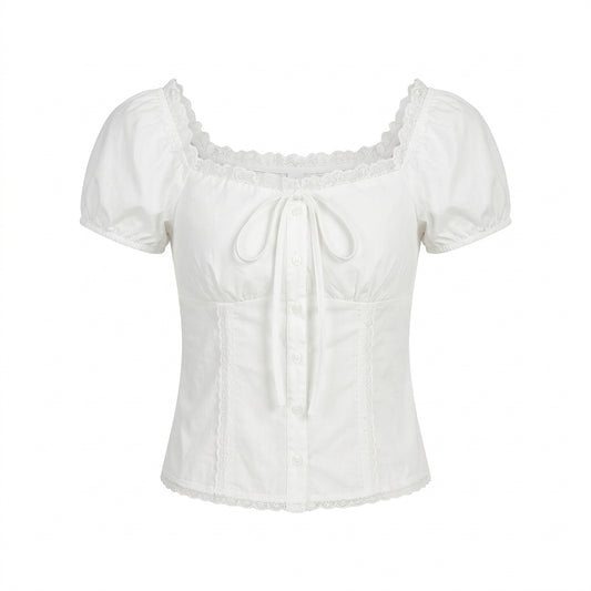 Lace Puff Sleeve Blouse + High Waist Baggy Pants + Mary Jane Medium Heel Shoes + Large Capacity Backpack - fairypeony