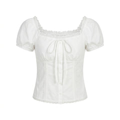 Lace Puff Sleeve Blouse + High Waist Baggy Pants + Mary Jane Medium Heel Shoes + Large Capacity Backpack - fairypeony