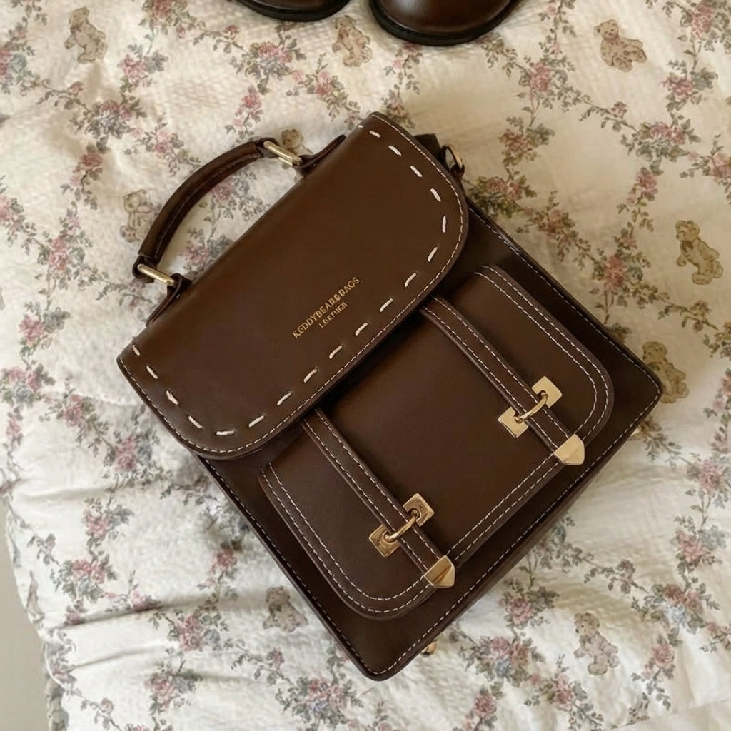 V-Neck Ruffled Blouse + Wide Leg Denim Pants + Mary Jane Sandals + PU Leather Backpack - fairypeony