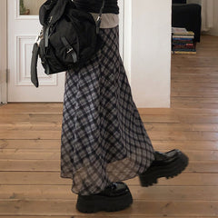 Vintage Plaid Chiffon Maxi Skirt