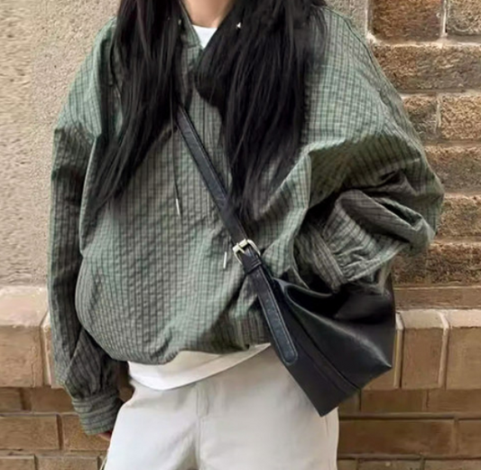 Vintage Plaid Hooded Zip Crop Top – Oversized Long-Sleeve Blouse in 3 Colours