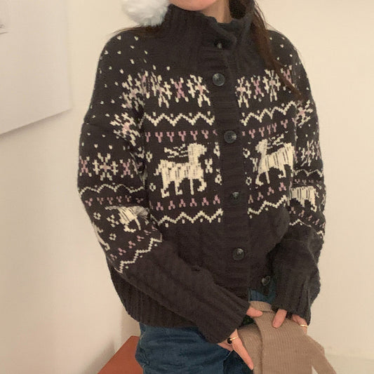 Vintage Print Stand Collar Button Cardigan