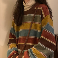 Vintage Round Neck Striped Oversized Sweater