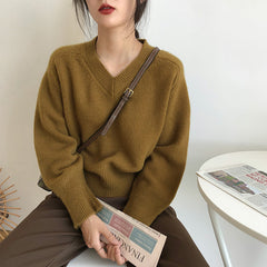 Vintage Solid Color V-Neck Sweater