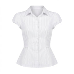 Vintage Striped Puff Short Sleeve Blouse - fairypeony