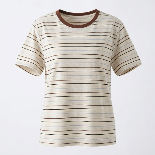 Striped t-shirt with brown trim on a light gray background