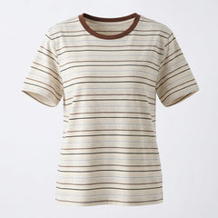 Striped t-shirt with brown trim on a light gray background