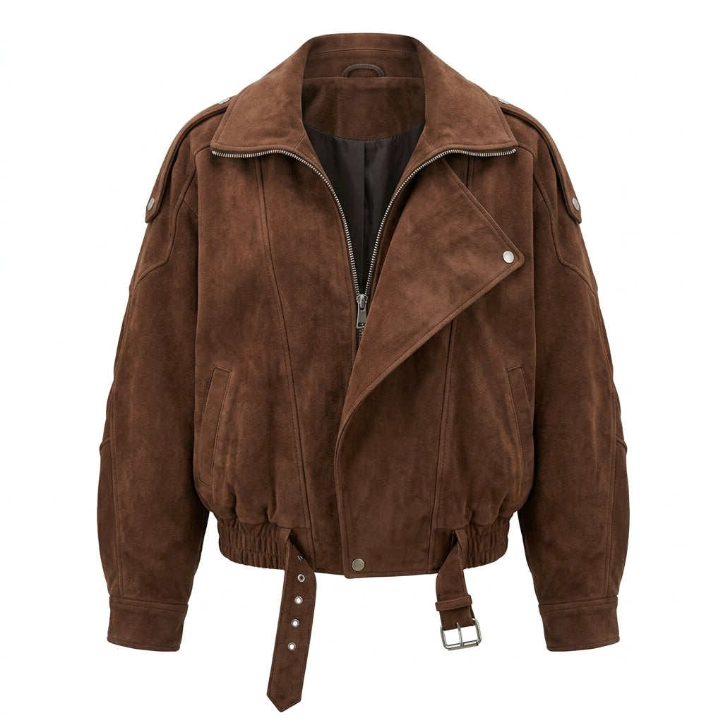 Brown suede jacket with a belt on a white background