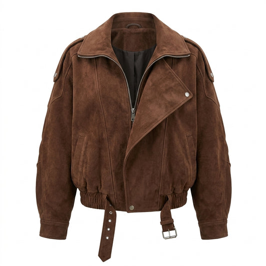 Brown suede jacket with a belt on a white background