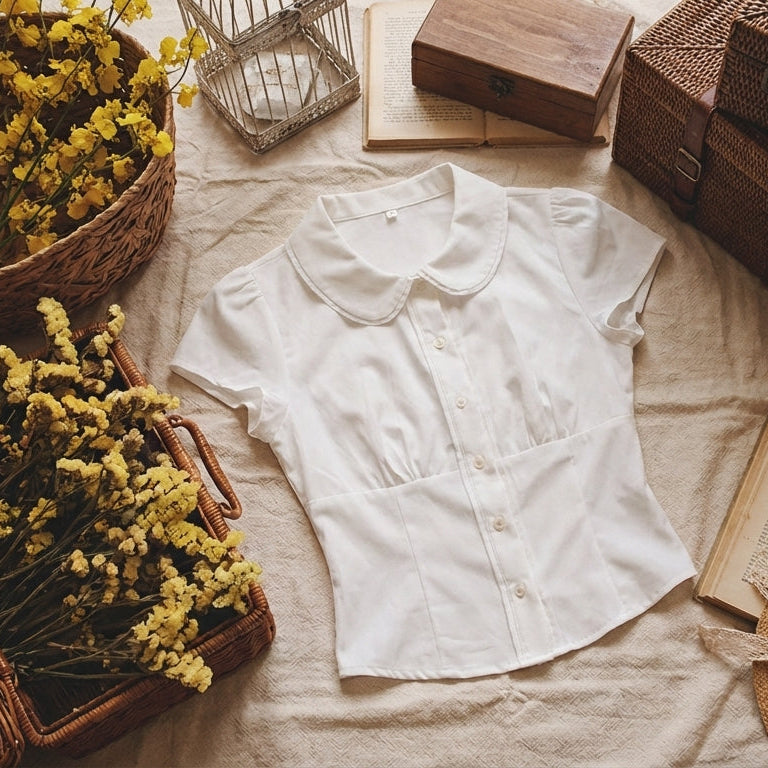 Aesthetic Doll Collar Short Sleeve Blouse - fairypeony