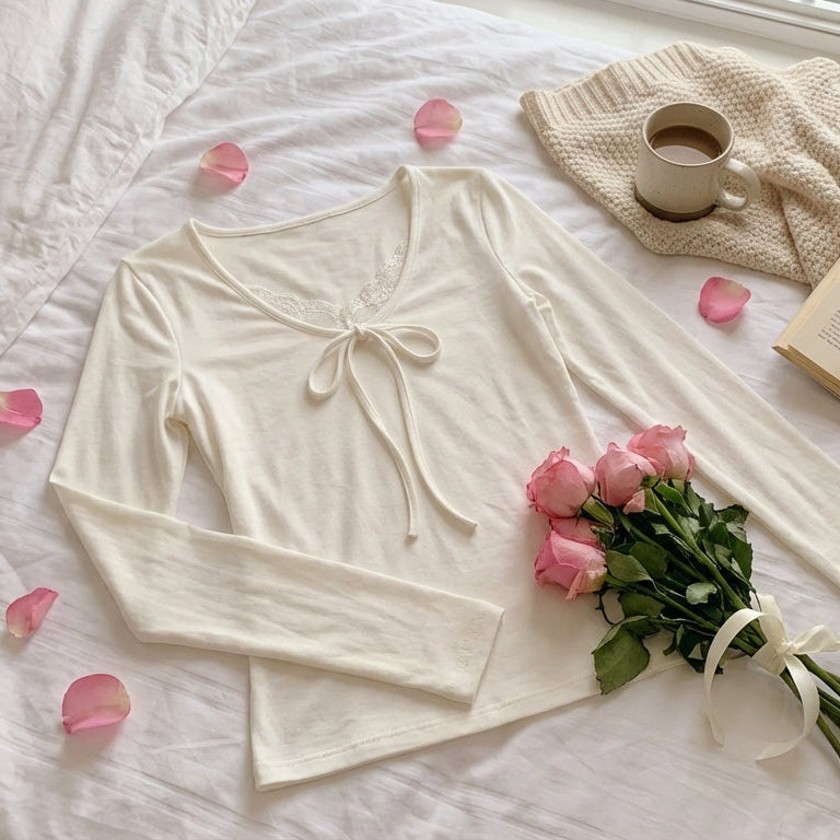 Aesthetic Lace Trim White Long Sleeve Tee - fairypeony