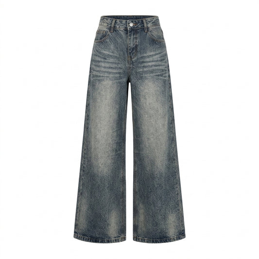 A pair of high-waisted, wide-leg denim jeans in a faded blue wash, shown flat against a solid white background.