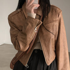 Zip Up Lapel Neck Leather Short Jacket - fairypeony