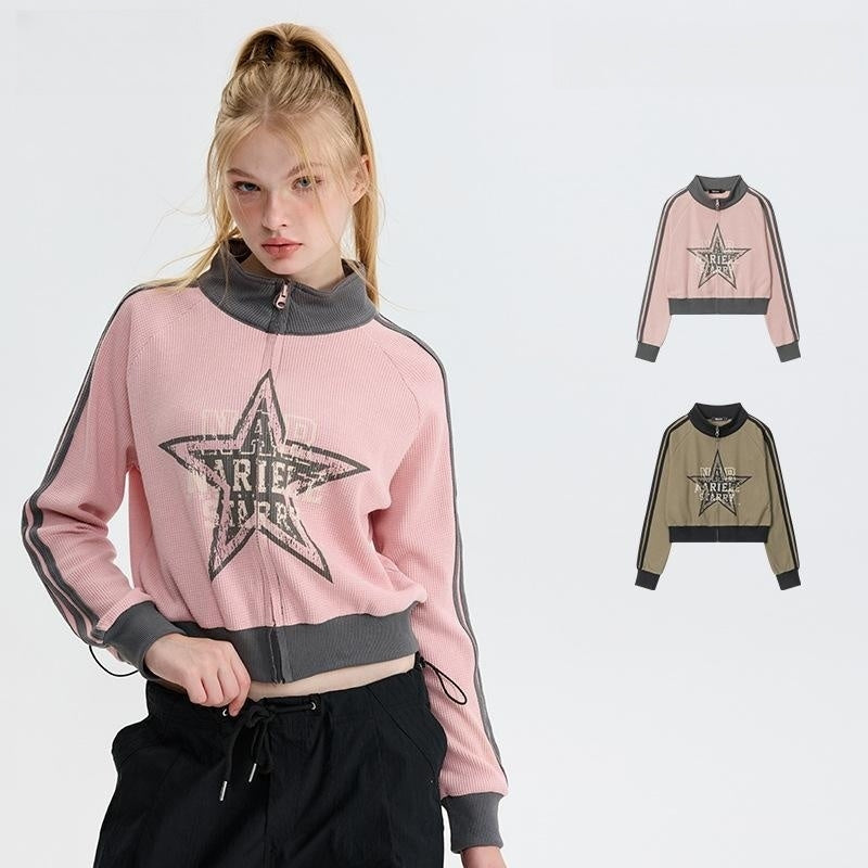 Contrast Color Star Letter Print Short Jacket - fairypeony