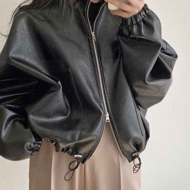 Solid Big Pocket Drawstring Collar Neck Leather Jacket - fairypeony