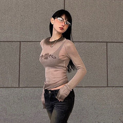 Vintage Print Mesh Long Sleeve Tee - fairypeony