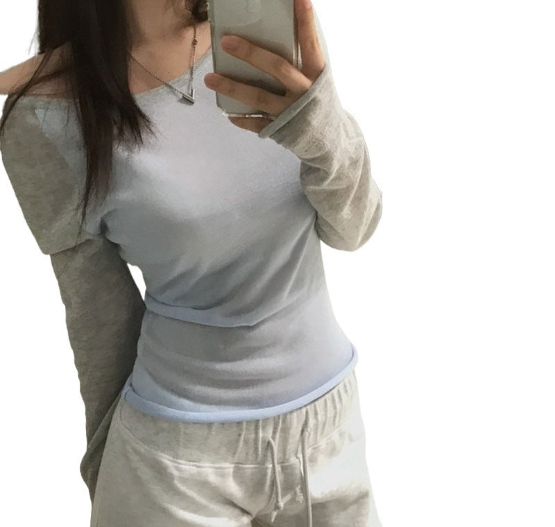 Color-block knit sweater top in gray blue, side view
