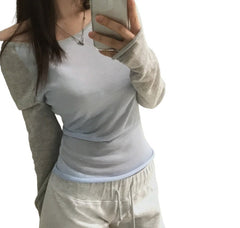 Color-block knit sweater top in gray blue, side view