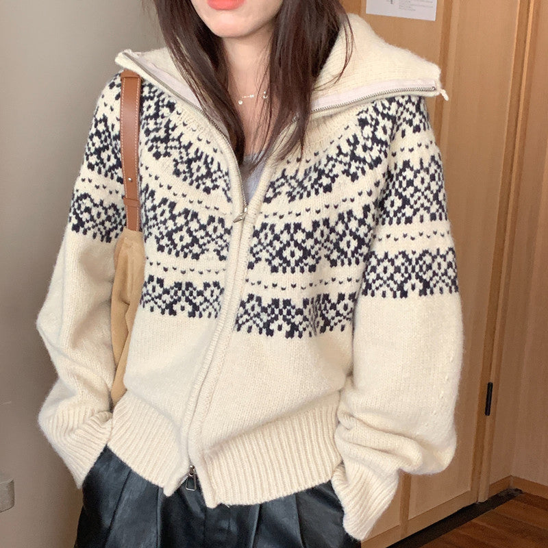 Jacquard Print Oversized Zip Up Cardigan - fairypeony