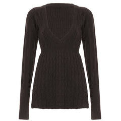 Retro V-Neck Knit Sweater – Twist-Pattern Pullover in Brown Red Grey S–L