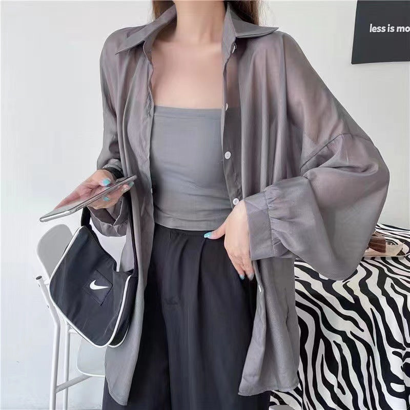 Solid Color Thin Oversized Long Sleeve Blouse - fairypeony