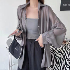 Solid Color Thin Oversized Long Sleeve Blouse - fairypeony