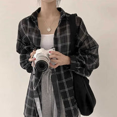 Plaid Print Thin Long Sleeve Blouse
