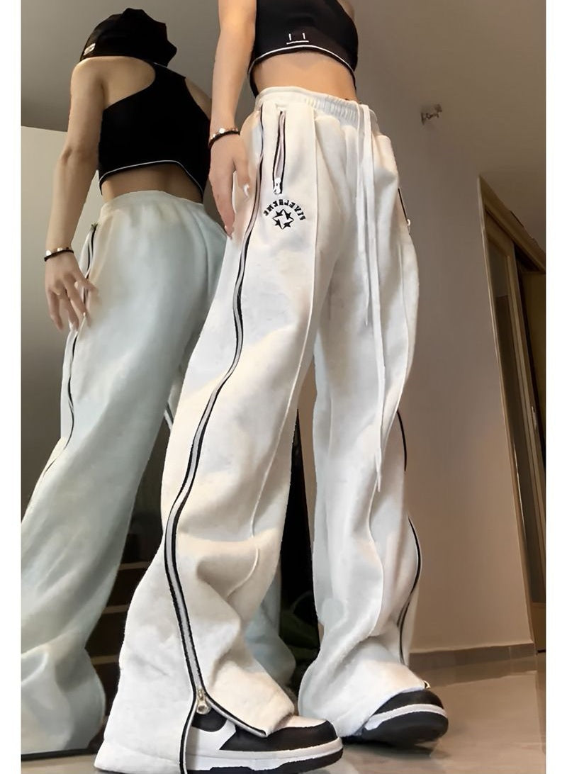 Side Zip Up Stretchy Waist Loose Sweatpants - fairypeony