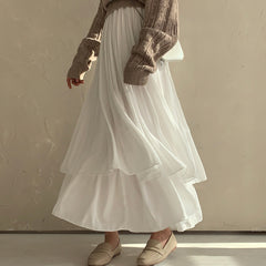 Solid Color Double Layer Maxi Skirt