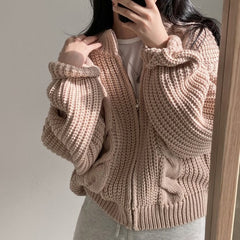 Cable Knit Loose Zip Up Cardigan