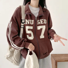 Vintage Number Print Oversized Zip Up Jacket