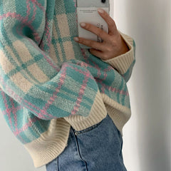 Vintage Plaid Striped V-Neck Pullover Sweater