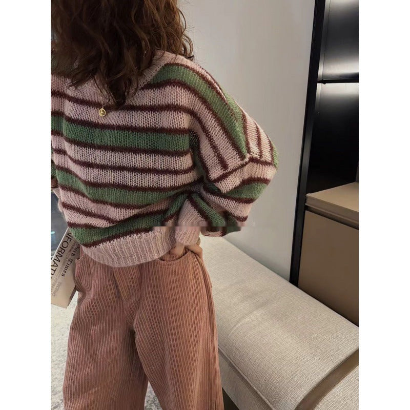 Contrast Color Striped Thin Sweater - fairypeony