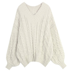 V Neck Pullover Cable Knit Sweater - fairypeony