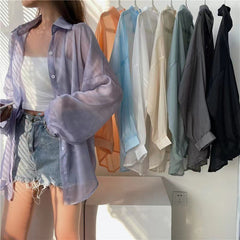 Solid Color Thin Oversized Long Sleeve Blouse - fairypeony