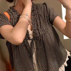 Aesthetic Ruffled V-Neck Fake Two Piece Blouse