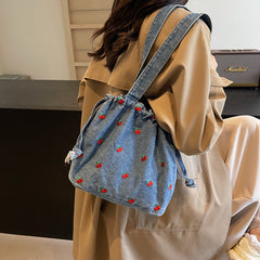 Cherry Embroidery Denim Shoulder Bag - fairypeony
