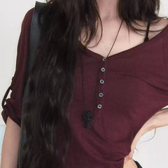 Slim fit half sleeve lapel top in burgundy red, button placket detail