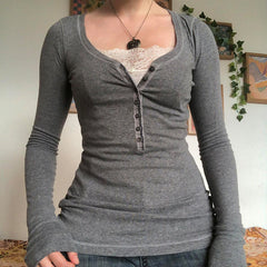 Patchwork Lace Buttoned Long Sleeve Tee - fairypeony
